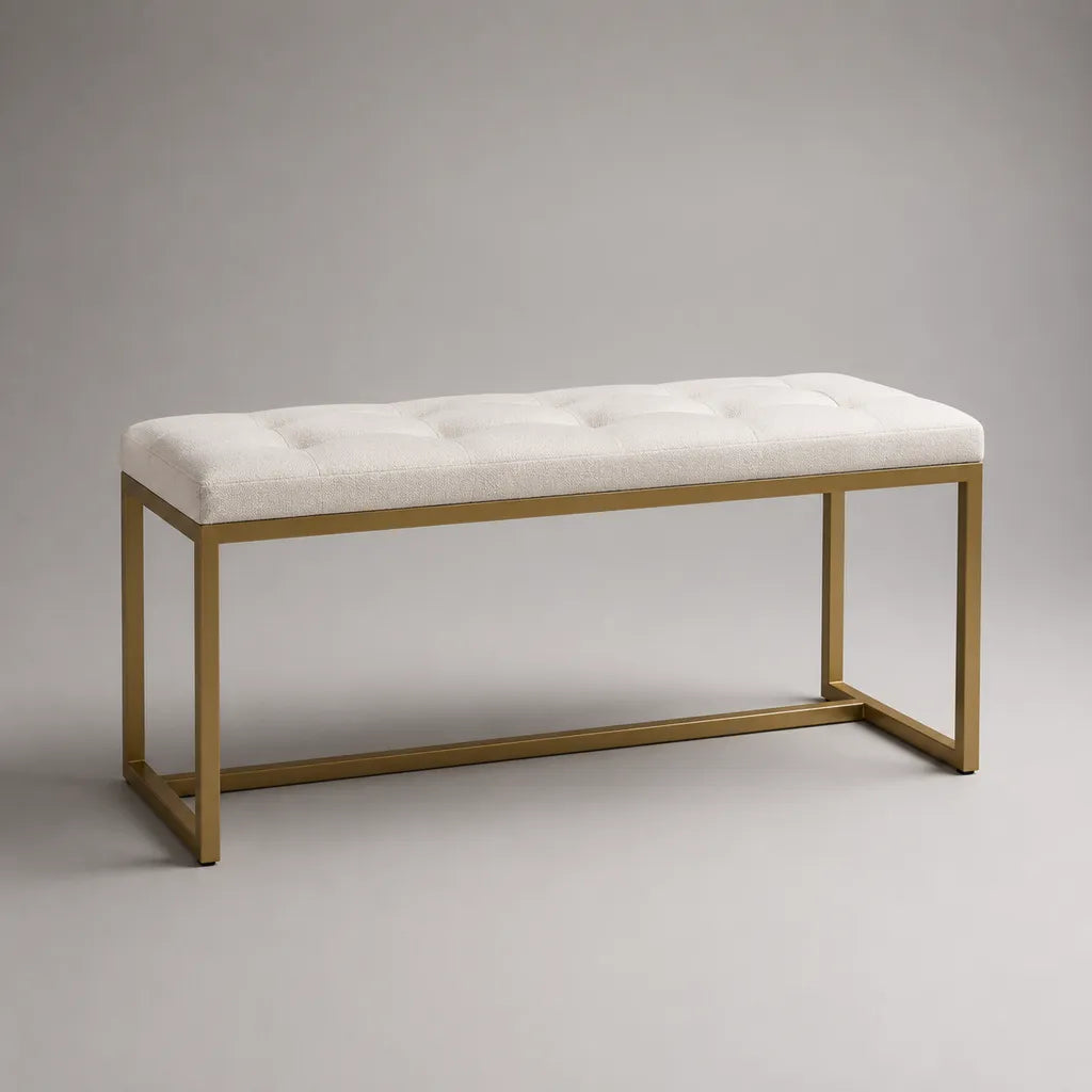 Panca imbottita rettangolare in poliestere con telaio in acciaio, bianco e oro, 100 × 35 × 48 cm