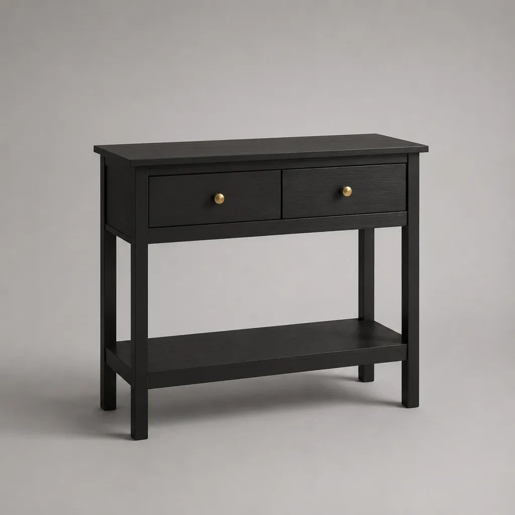 Tavolo consolle in legno nero con 2 cassetti e ripiano, 90 × 35 × 80 cm