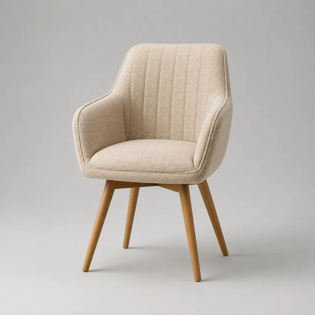 Sedia da pranzo imbottita con braccioli in tessuto beige e gambe in legno massello, 58 × 61 × 84 cm