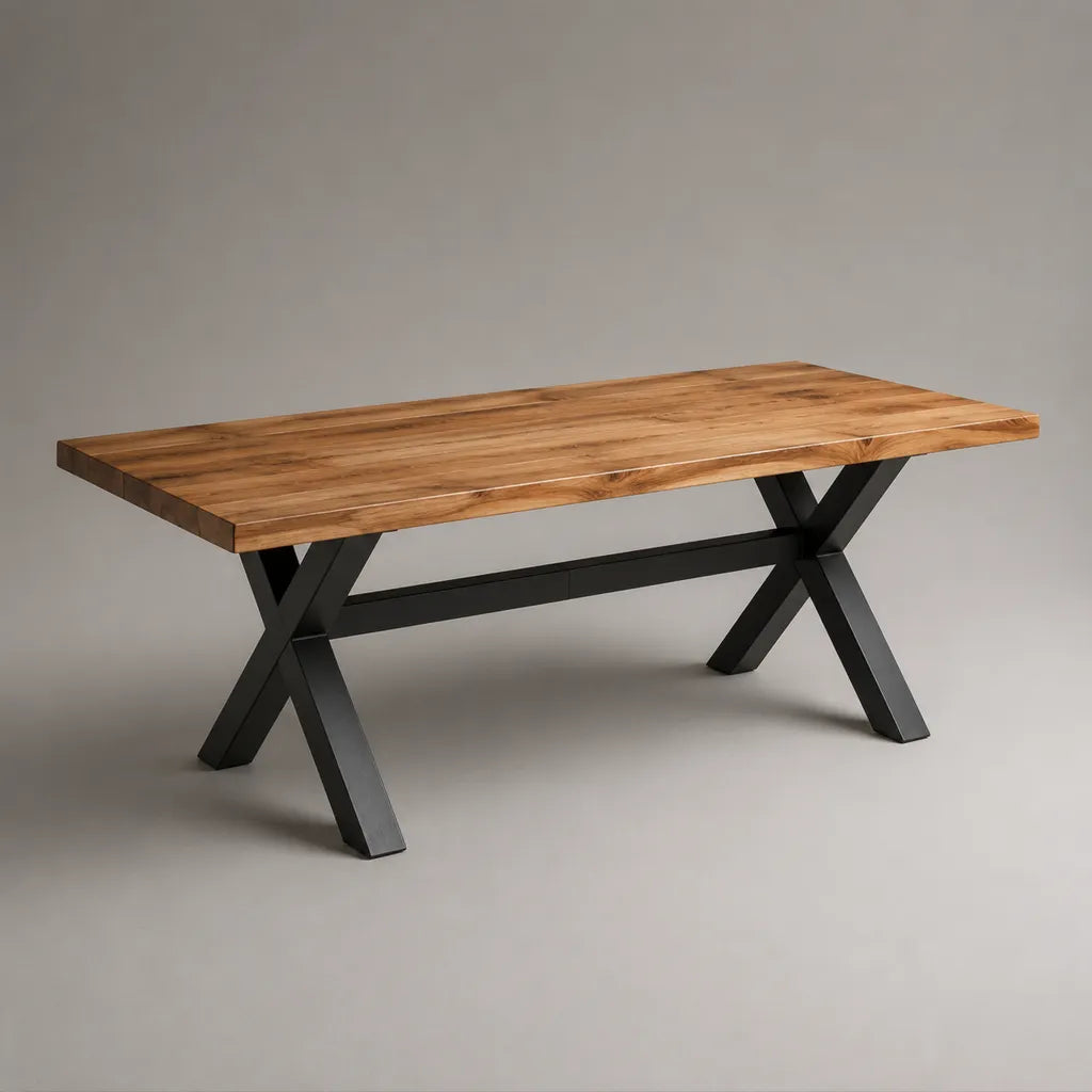 Tavolo da pranzo rettangolare 180 x 90 x 76 cm in legno massello di acacia e acciaio nero