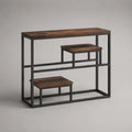 Consolle rettangolare con 3 ripiani in legno massello di acacia e struttura in acciaio, marrone scuro e nero, 120 x 30 x 90 cm