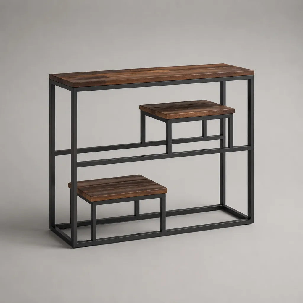 Consolle rettangolare con 3 ripiani in legno massello di acacia e struttura in acciaio, marrone scuro e nero, 120 x 30 x 90 cm