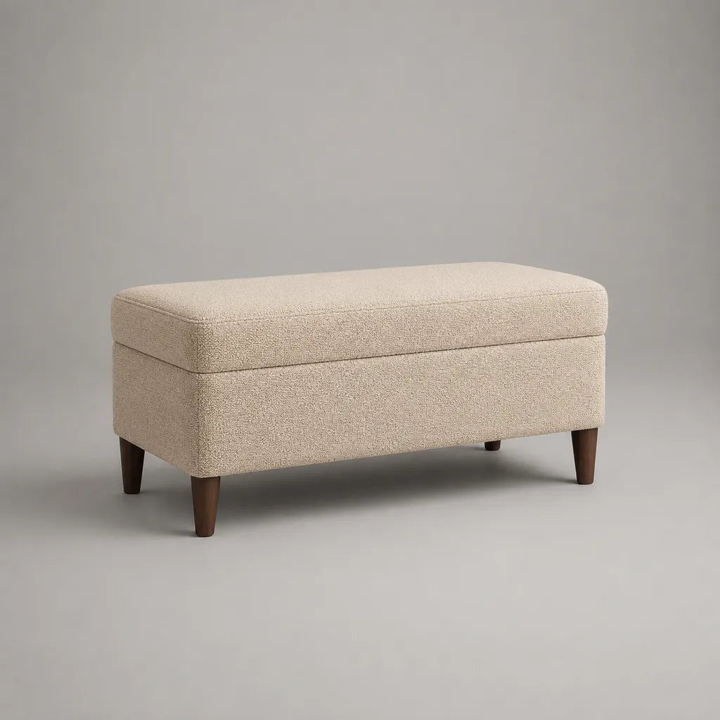 Panca contenitore rettangolare da fondo letto in poliestere bouclé beige e marrone scuro, 100 x 40 x 48 cm