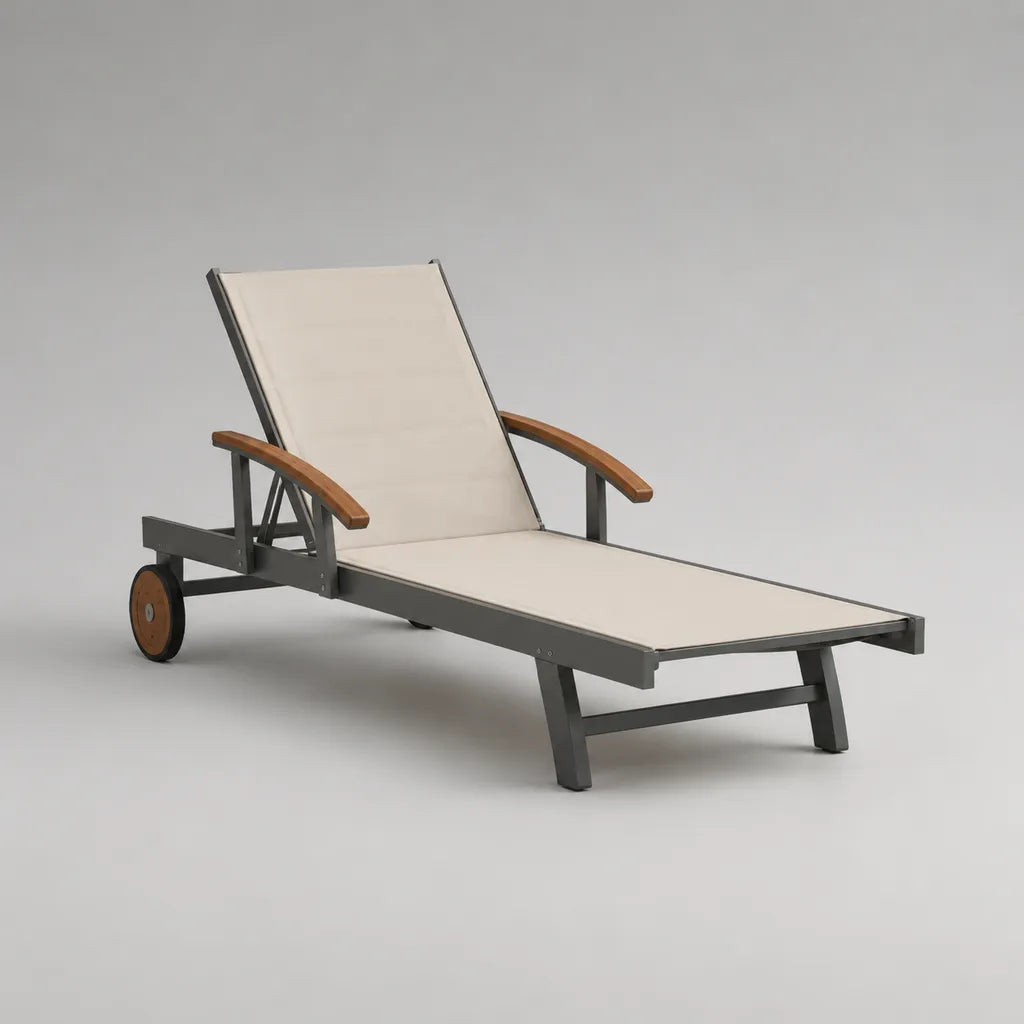 Lettino prendisole rettangolare da esterno in alluminio, textilene e acacia, beige e grigio antracite, 198 x 68 x 95 cm