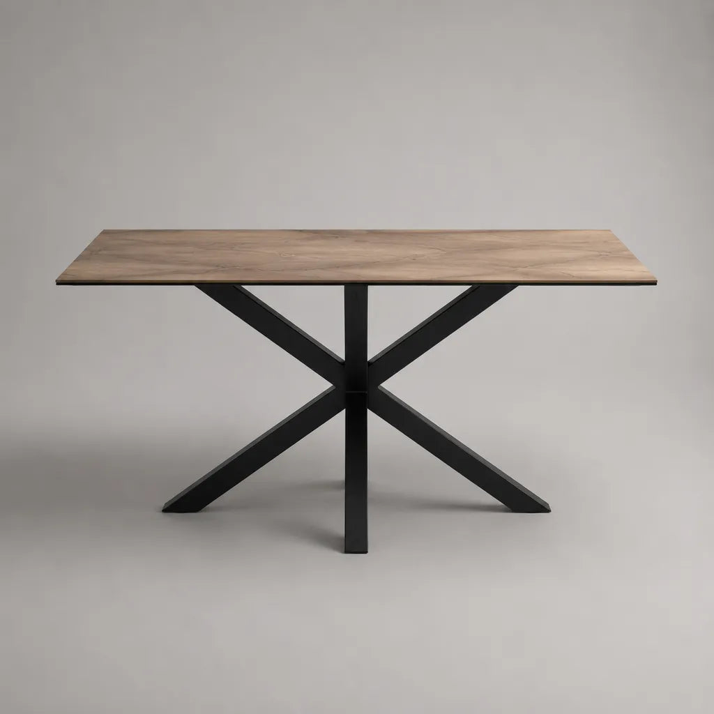 Tavolo da pranzo rettangolare in MDF effetto rovere con base a stella in acciaio nero, 160 x 90 x 75 cm