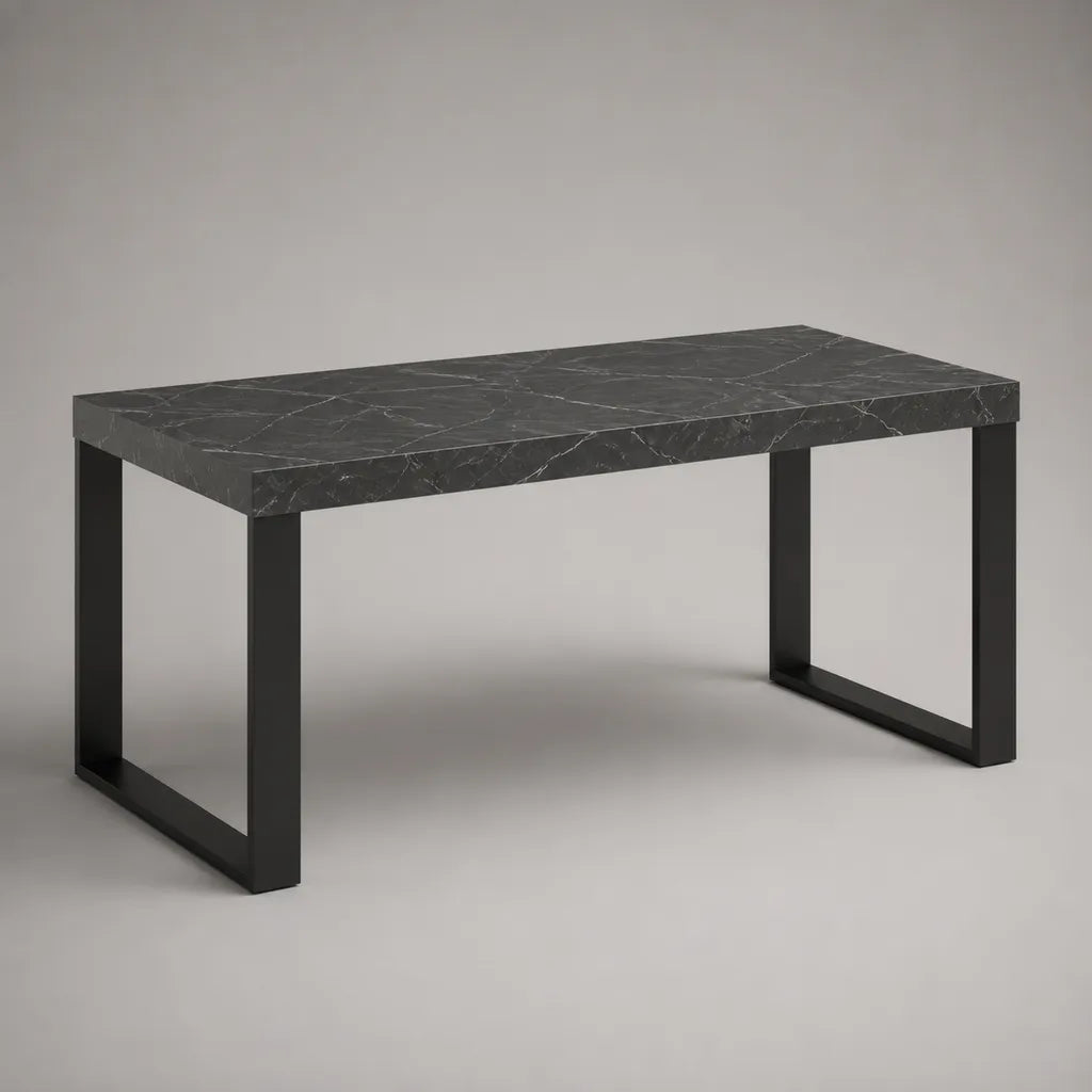 Tavolo da pranzo rettangolare in legno e metallo, grigio scuro effetto marmo e nero, 120 × 70 × 75 cm
