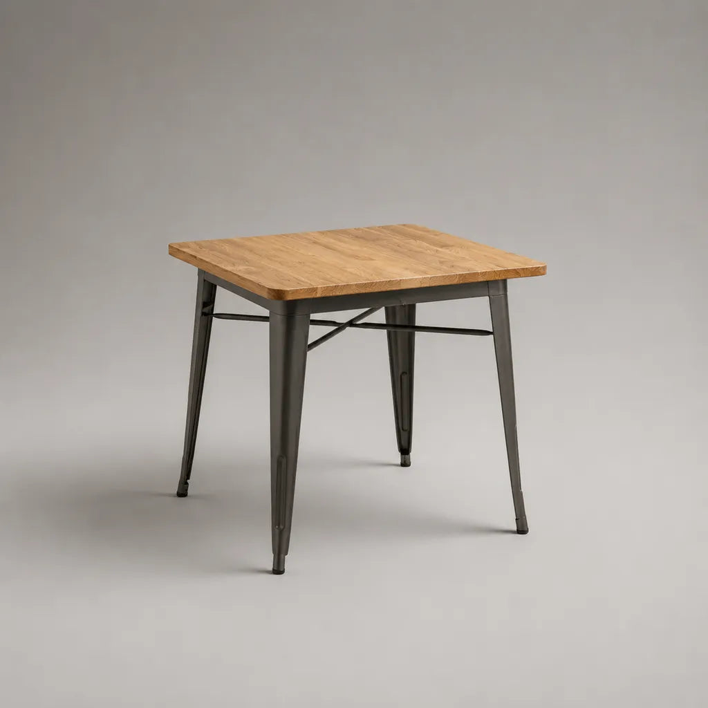 Tavolo da pranzo quadrato in legno massello e acciaio nero, 80 x 80 x 75 cm, marrone naturale