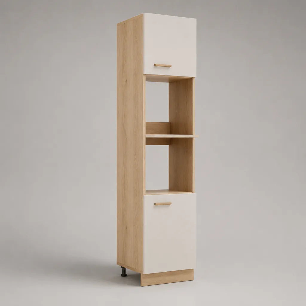 Mobile colonna da cucina per forno e microonde in legno, rovere chiaro e bianco, 60 × 57 × 210 cm